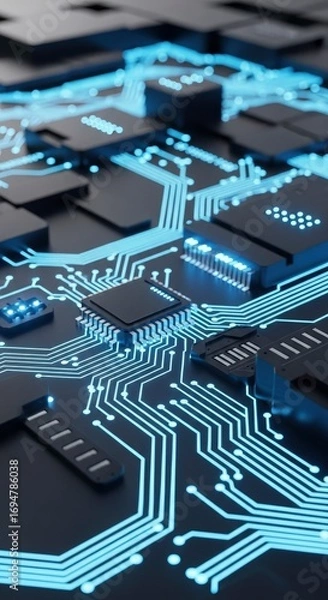 Fototapeta Illuminated digital pathways on a dark electronic circuit array with integrated chips and various components