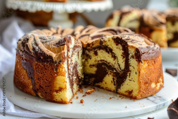 Fototapeta A beautifully swirled marble cake, combining vanilla and chocolate flavors, sliced open to reveal its pattern.