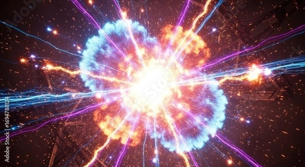 Fototapeta Intense luminous core expands into vibrant blue purple and orange energy clouds with radiating light tendrils and scattered bright particles in a dark structured setting