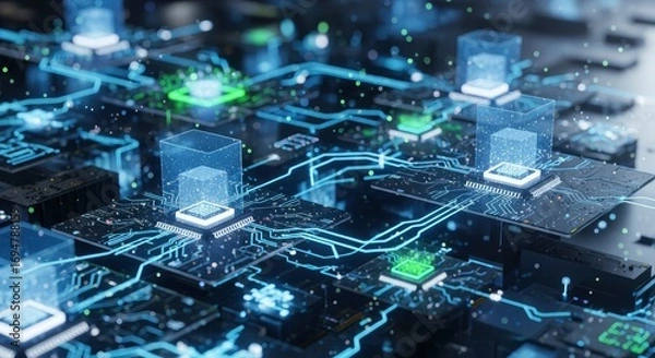 Fototapeta Interconnected dark circuit boards display glowing blue and green data pathways with highlighted processors under transparent cubes emitting light