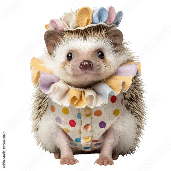 Fototapeta Hedgehog wearing colorful polka dot circus costume with ruffled collar and hat, isolated on transparency background, cute and whimsical animal portrait with soft lighting and detailed fur texture