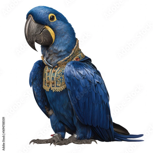 Fototapeta Blue exotic bird with detailed feathers wearing ornate golden embroidered collar, showing elegant and majestic expression in digital art style
