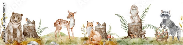 Fototapeta Watercolor border with Woodland Animals near stumps and trees. Seamless Pattern with bear, deer, fox, raccoon, hare, squirrel, birds and mushrooms for nursery walls. Frame with forest creatures