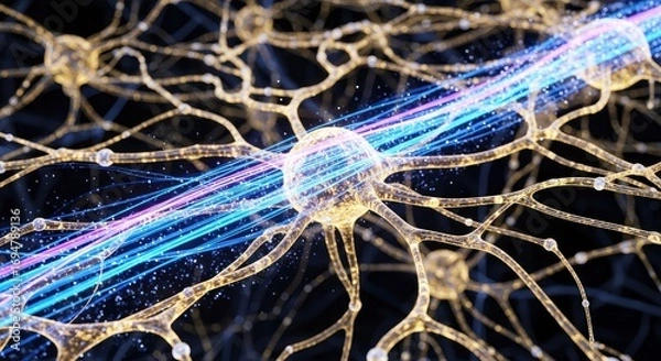 Fototapeta Interconnected glowing cellular structures with radiating blue and purple light streams and sparkling particles on a dark background