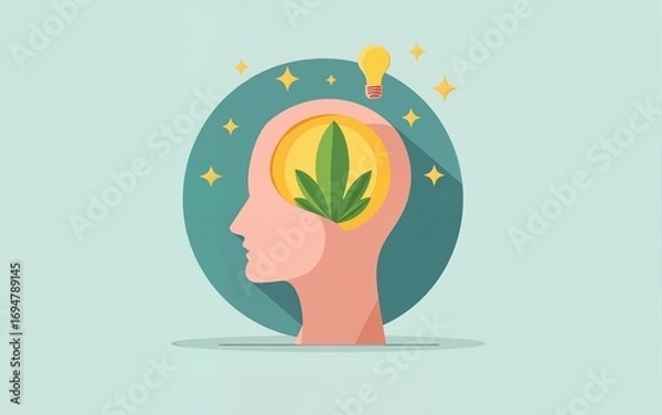 Fototapeta Mental health Modern vector logo. World health day, Flat human head icon with lamp and leaf inside. Template for the design of a logo, flyer or presentation. Vector illustration. High quality