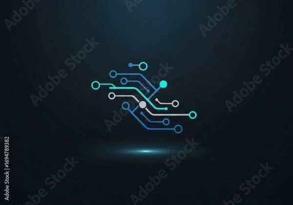 Fototapeta Interconnected lines and circles resembling a circuit board glowing with blue and green hues on a dark background with a subtle light source below