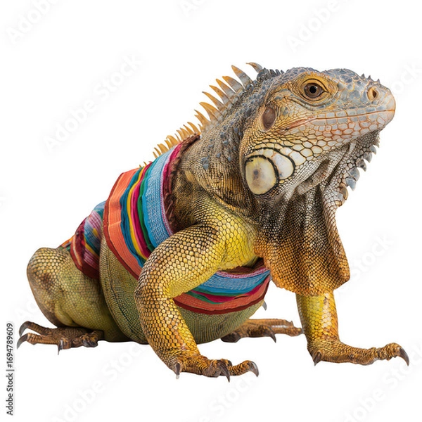 Fototapeta Iguana colorful reptile vibrant scales tropical animal exotic lizard isolated on transparency background with festive fabric wrapped around body showing detailed texture and sharp claws