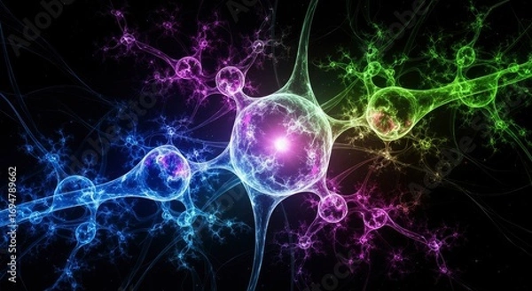 Fototapeta Interconnected glowing abstract cellular structures in a spectrum of blue purple and green against a dark star-speckled background Bright central core