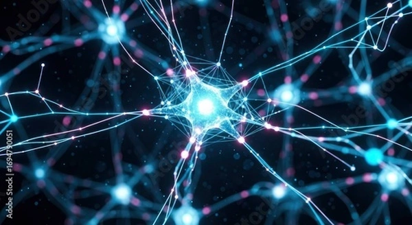 Fototapeta Interconnected network of glowing nodes and lines featuring a bright star-shaped center on a dark background
