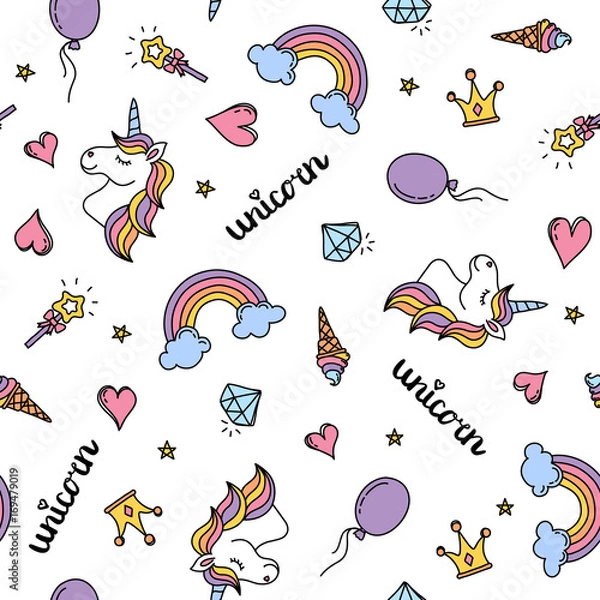 Obraz Jednorożec, tęcza i serca wzór ręka rysunek na białym tle