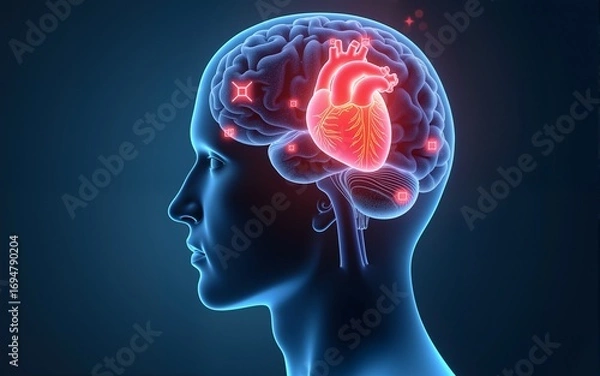 Fototapeta mental health day man profile and heart in brain with icons. High quality