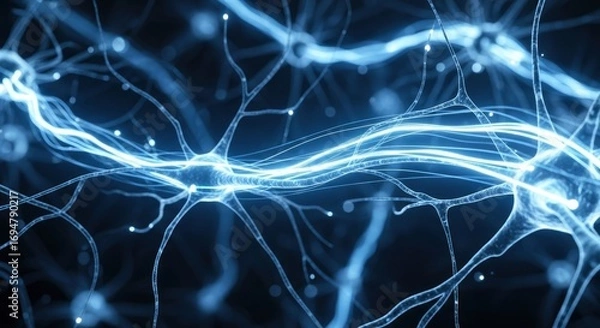 Fototapeta Interconnected neural-like structures with bright blue energetic pathways traversing a dark expansive network illustrating complex biological communication