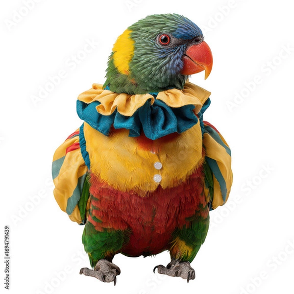 Fototapeta Colorful parrot wearing bright ruffled costume with buttons, standing isolated on transparency background, showing vibrant feathers and playful expression