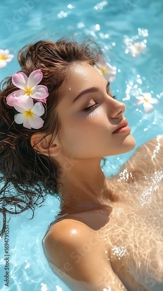 Obraz Serene Woman Floating in Pool with Plumeria Flowers on a Sunny Day