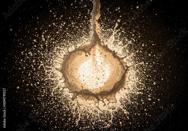 Fototapeta Liquid splash forms a luminous crown-like shape with countless droplets scattering against a dark background A stream of fluid descends into the center