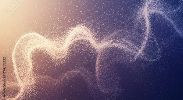 Fototapeta Luminous particles form a swirling wave of light against a gradient background transitioning from soft golden hues to deep blue and purple tones