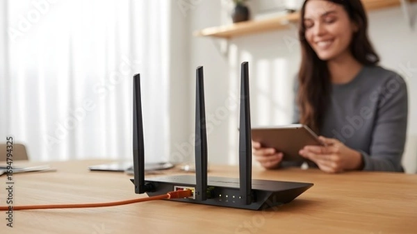 Fototapeta Selective focus at router. Internet router on working table with blurred happy woman using tablet at the background. Fast and high speed internet connection from fiber line with LAN cable connection.