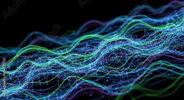 Fototapeta Luminous undulating lines in blue green and purple interlaced with a glowing network of dots and fine lines on a black background