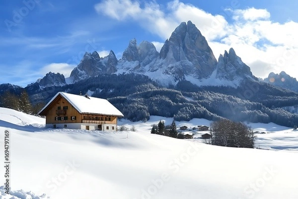 Obraz SnowCovered Mountain Cabin with Dramatic Peaks, Alpine Scenery in Winter Light