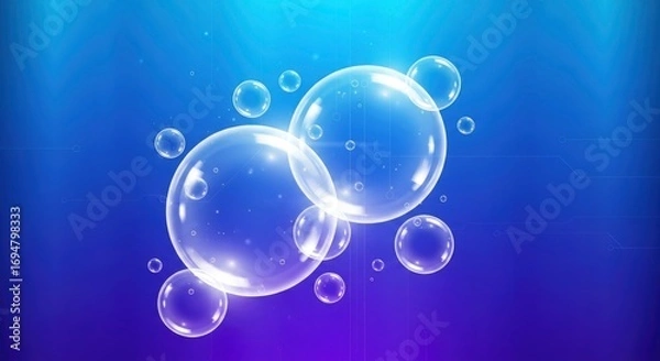 Fototapeta Multiple translucent spheres with bright reflections on a blue and purple gradient background featuring subtle illuminated digital lines and scattered specks