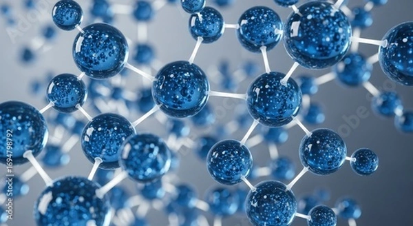 Fototapeta Molecular structure of blue spheres with internal particles connected by white bonds