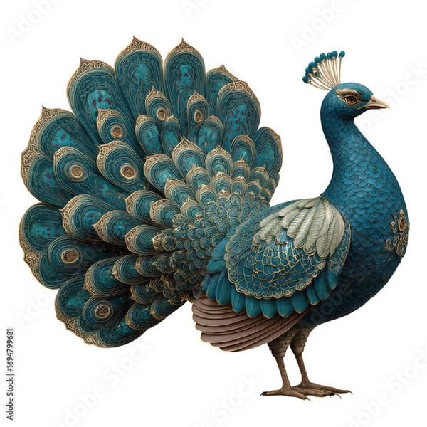 Fototapeta Exotic peacock with ornate blue and gold feathers, displaying elegant plumage and intricate feather details, standing gracefully with proud and majestic expression