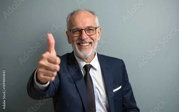 Fototapeta Nice job son. Portrait of proud and pleased good-looking old father in elegant suit and glasses showing thumbs up and smiling delighted from good positive result showing like gesture over grey wall