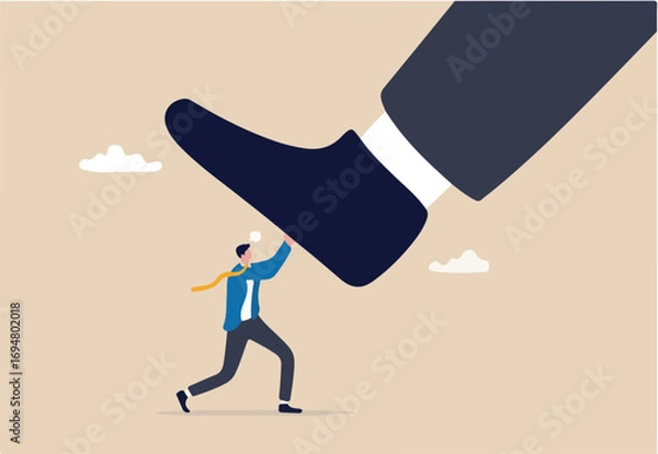 Fototapeta Unfair competition, cheating or using authority and power to abuse competitor, violence, conflict or employee fight concept, small employee trying to push back giant boss or competitor big feet