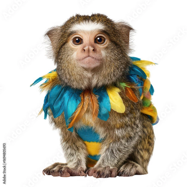 Fototapeta Small pygmy marmoset monkey wearing colorful tropical carnival feathers around its neck, isolated on transparency background with curious and gentle expression