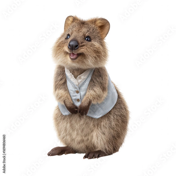 Fototapeta Happy quokka wearing light blue striped vest and white shirt, standing upright with joyful expression, isolated on transparent background