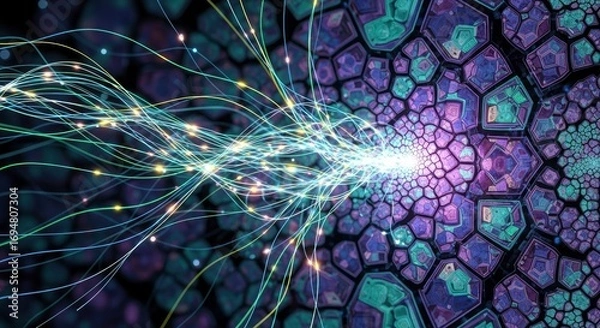 Fototapeta Radiant wavy lines with glowing nodes converge on a complex abstract mosaic of geometric polygons in shades of purple blue and green