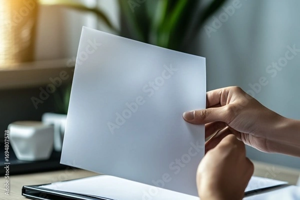 Obraz Hands holding a blank white sheet of paper indoors with blurred background.