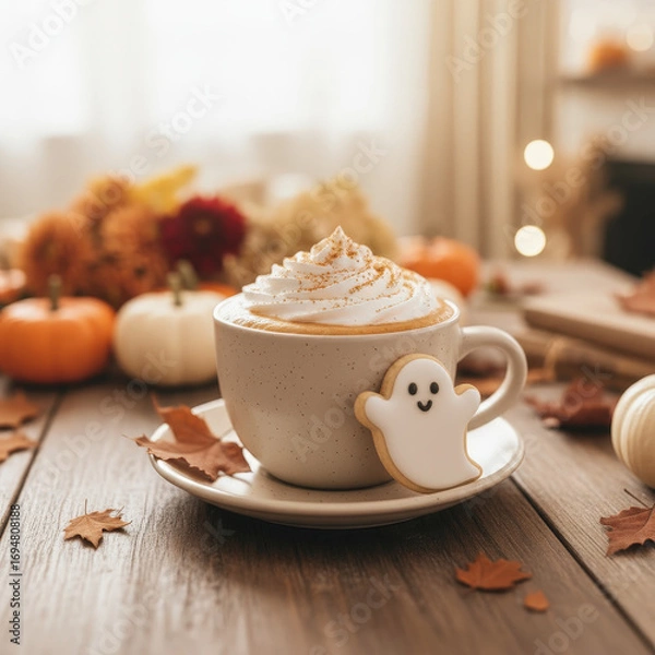 Fototapeta cup of coffee with cinnamon and a cookie of a ghost