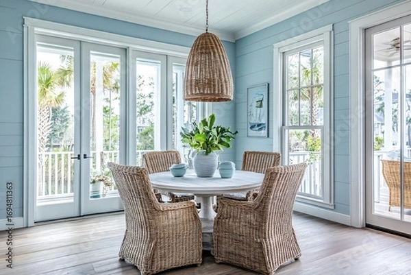 Obraz Dining room with round table wicker chairs and large windows light blue walls.