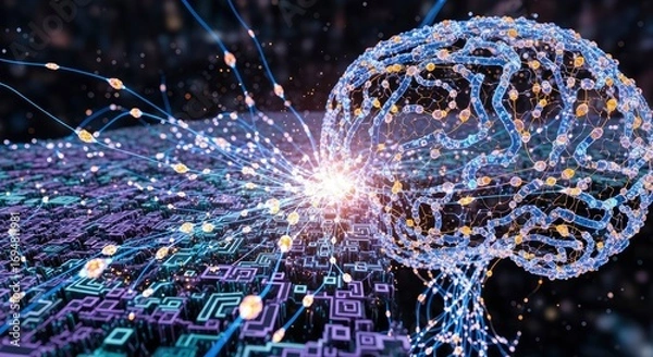Fototapeta Stylized brain model of glowing nodes and lines connects to a complex circuit landscape via luminous blue streams and energy bursts