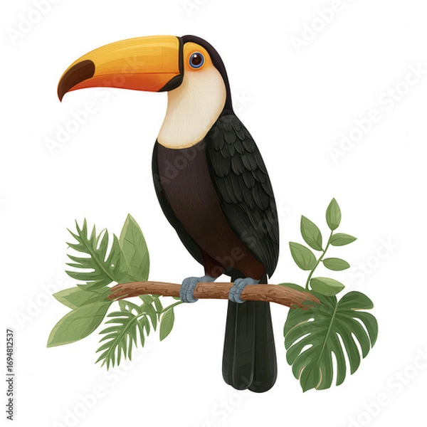 Fototapeta Colorful toucan perched on branch surrounded by tropical green leaves, showcasing its large orange beak and black and white feathers in natural setting