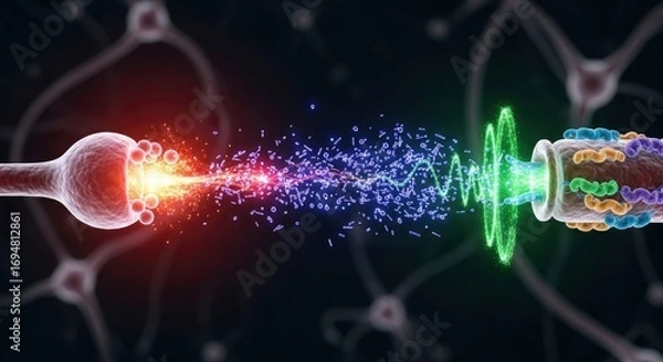 Fototapeta Synaptic transmission showing glowing vesicles released particles and wavy energy between neural structures