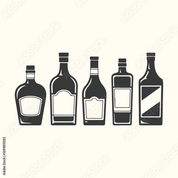 Obraz Vector art of a collection of five different dark liquor bottles with blank labels, isolated on a light cream background