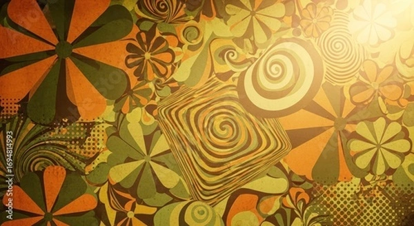 Fototapeta Textured background with stylized flowers intricate spirals and halftone dots illuminated by a warm glow