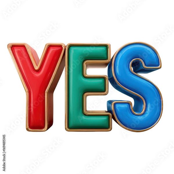 Fototapeta Colorful letters yes word shiny glossy style isolated on transparency background positive affirmation concept