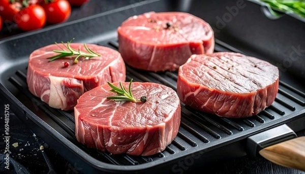 Fototapeta Four raw steaks in a black griddle pan. Fresh and ready to cook