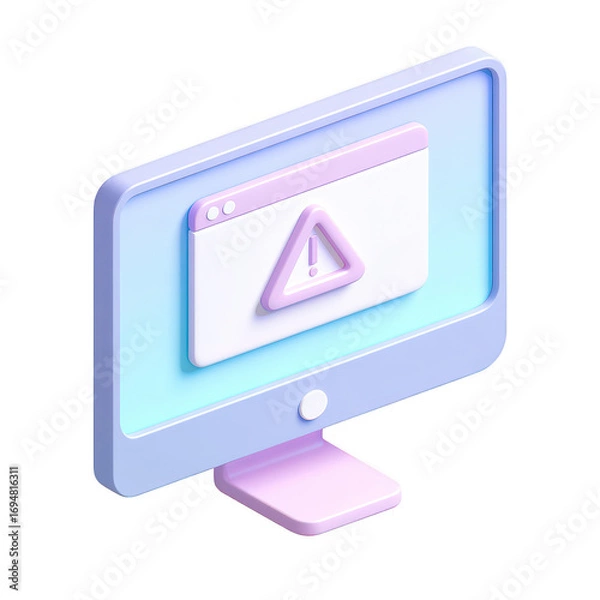 Fototapeta Computer monitor with error message window showing warning icon in pastel colors, modern 3d isometric style digital alert concept