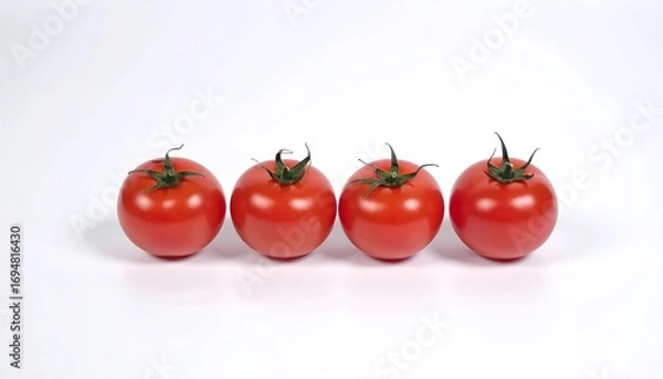 Fototapeta Four ripe, red, globe-shaped tomatoes sit in a row on a stark white background, each with a green stem. The lighting is even, highlighting their smooth surfaces and vibrant color