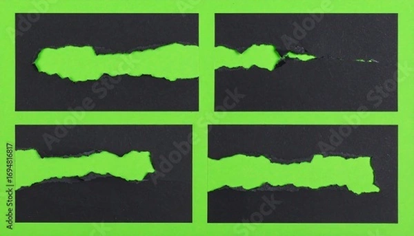 Fototapeta Four rectangular black paper segments, each with a jagged tear revealing a vibrant green background, arranged in a grid pattern.