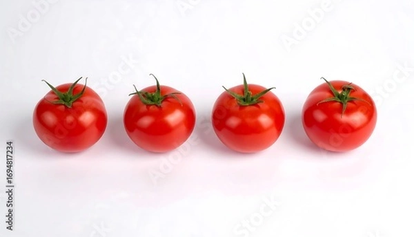 Fototapeta Four ripe, red tomatoes in a row against a stark white backdrop. 