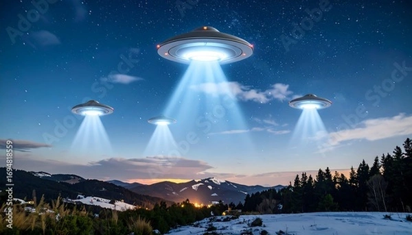 Fototapeta Four spacecraft hover above a snowy landscape under a starry night sky.