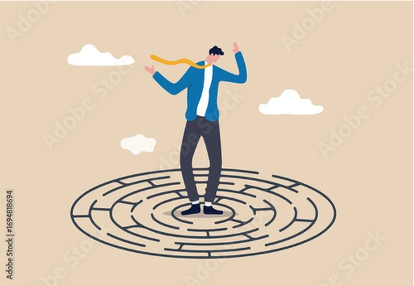 Fototapeta Solving complex business problem, difficulty or challenge to overcome to achieve success or business direction concept, confused businessman in the middle of maze labyrinth finding exit or the way out