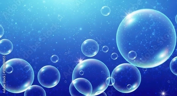 Fototapeta Transparent bubbles float against a blue gradient background featuring a network of interconnected lines dots and sparkling lights