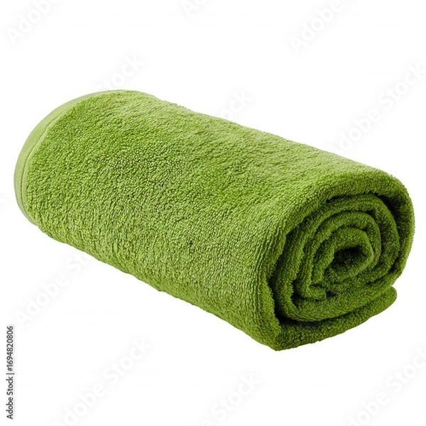 Fototapeta Soft green towel rolled up isolated on transparency background, cozy and fresh fabric for bath or spa use