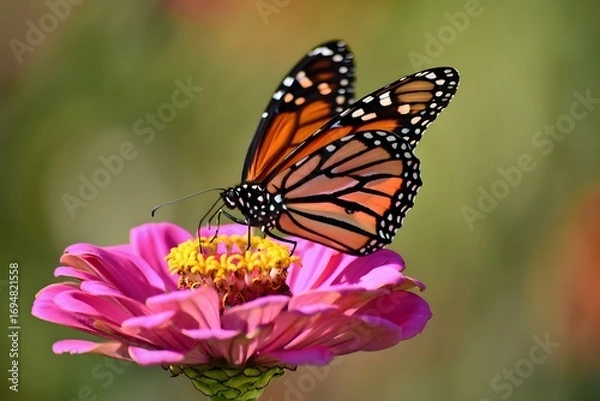 Fototapeta A monarch butterfly with vibrant orange and black wings feeds on a colorful flower in a summer garden